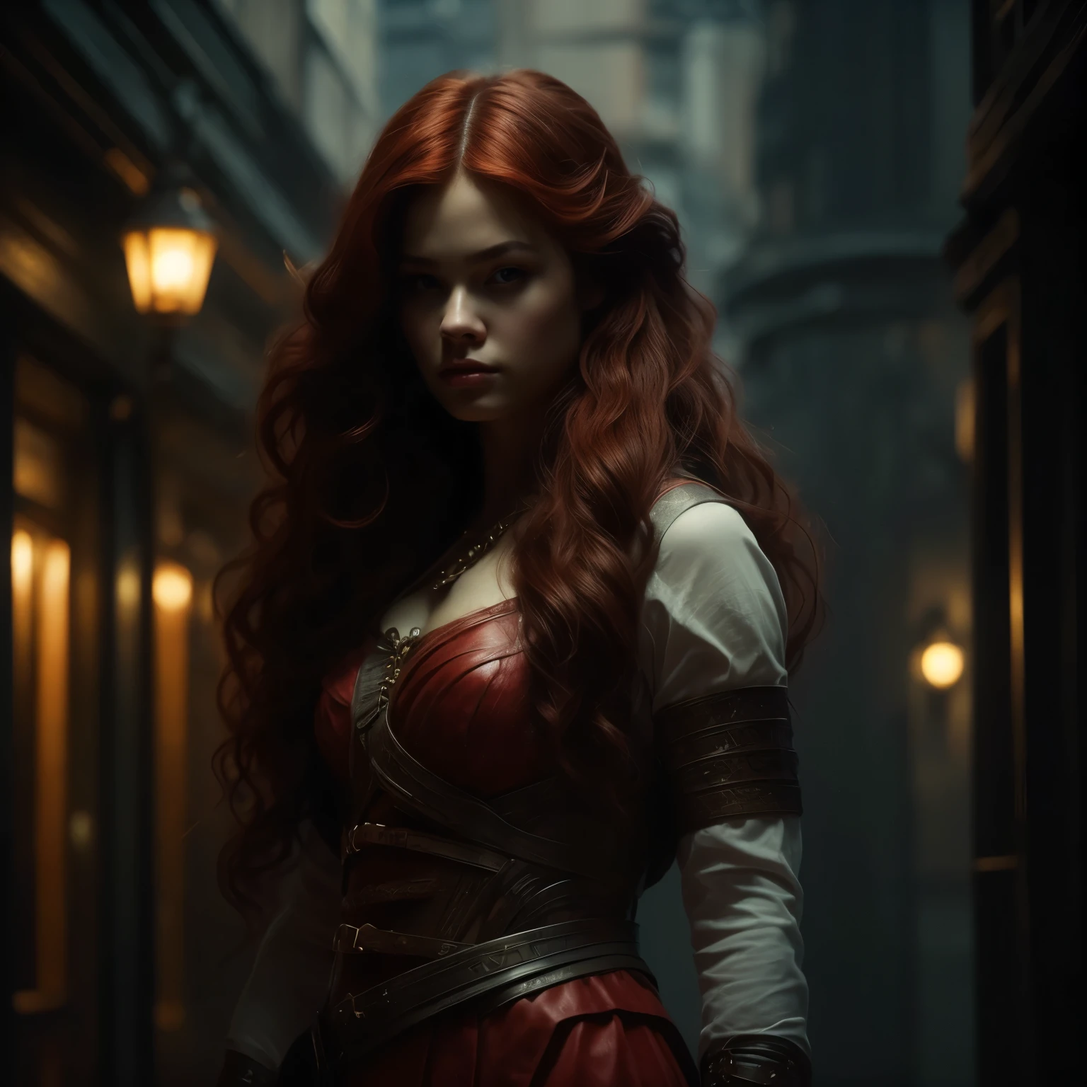 (Full body portrait:1.4)、Assassin、Beautiful and detailed、Beautiful and delicate lips、Highly detailed face and body、Long Red Hair、knife、Assassinの衣装、Dynamic pose、City background at night、Dark and gloomy lighting、Structure of the film、Dramatic Shadows、(highest quality、4K、8k、High resolution、masterpiece:1.2)、Super quality、(Genuine、Realistic、Realistic:1.37)、Dark fantasy、Dramatic lighting
