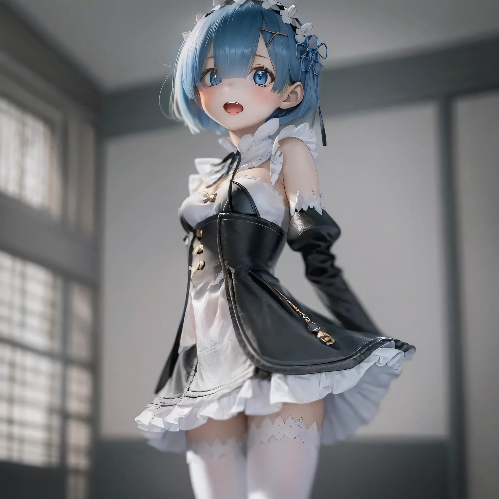 A five-year-old girl named Rem, it is (((((((baby))))))) style, Have beautiful and delicate eyes, lips, And the face. Artwork must be of the highest quality, Sharp focus and ultra-detailed rendering. The color palette should be vibrant and vivid.  The medium must be illustration or digital painting. For more information, look、Also includes Rem in a cute dress, And with a look of joy.(((a bit)))Sexy pose Blue hair Cute pose Flat chest Lifting skirt to greet