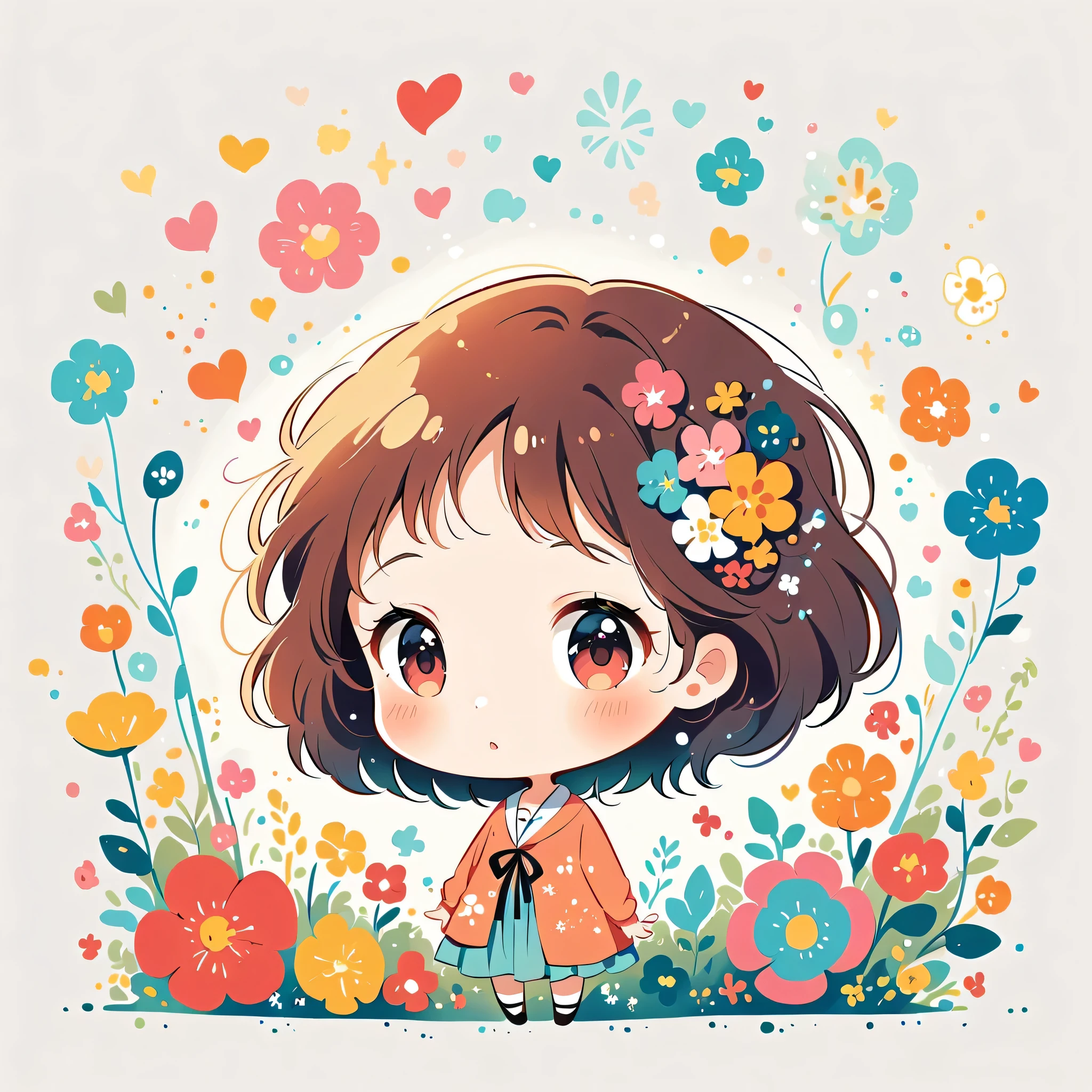 Hayao Miyazaki Style、The most beautiful girl of all time、Lips in Love、Colorful flowers、Simple line initials、Abstract art、Paris Background, (((chibi)))