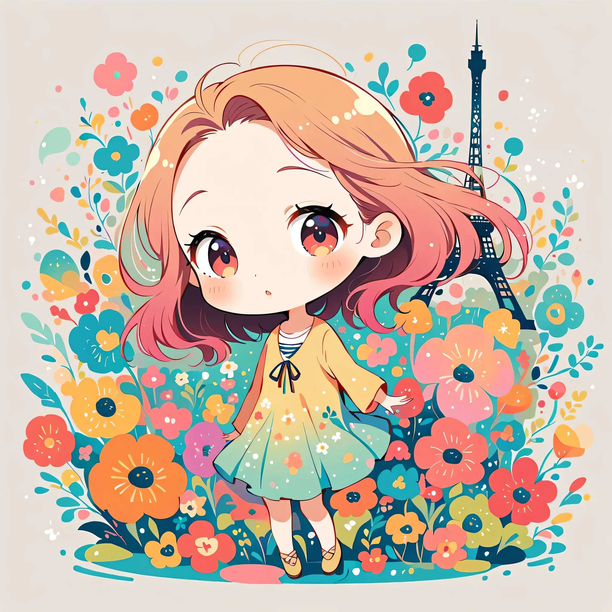 Hayao Miyazaki Style、The most beautiful girl of all time、Lips in Love、Colorful flowers、Simple line initials、Abstract art、Paris Background, (((chibi)))