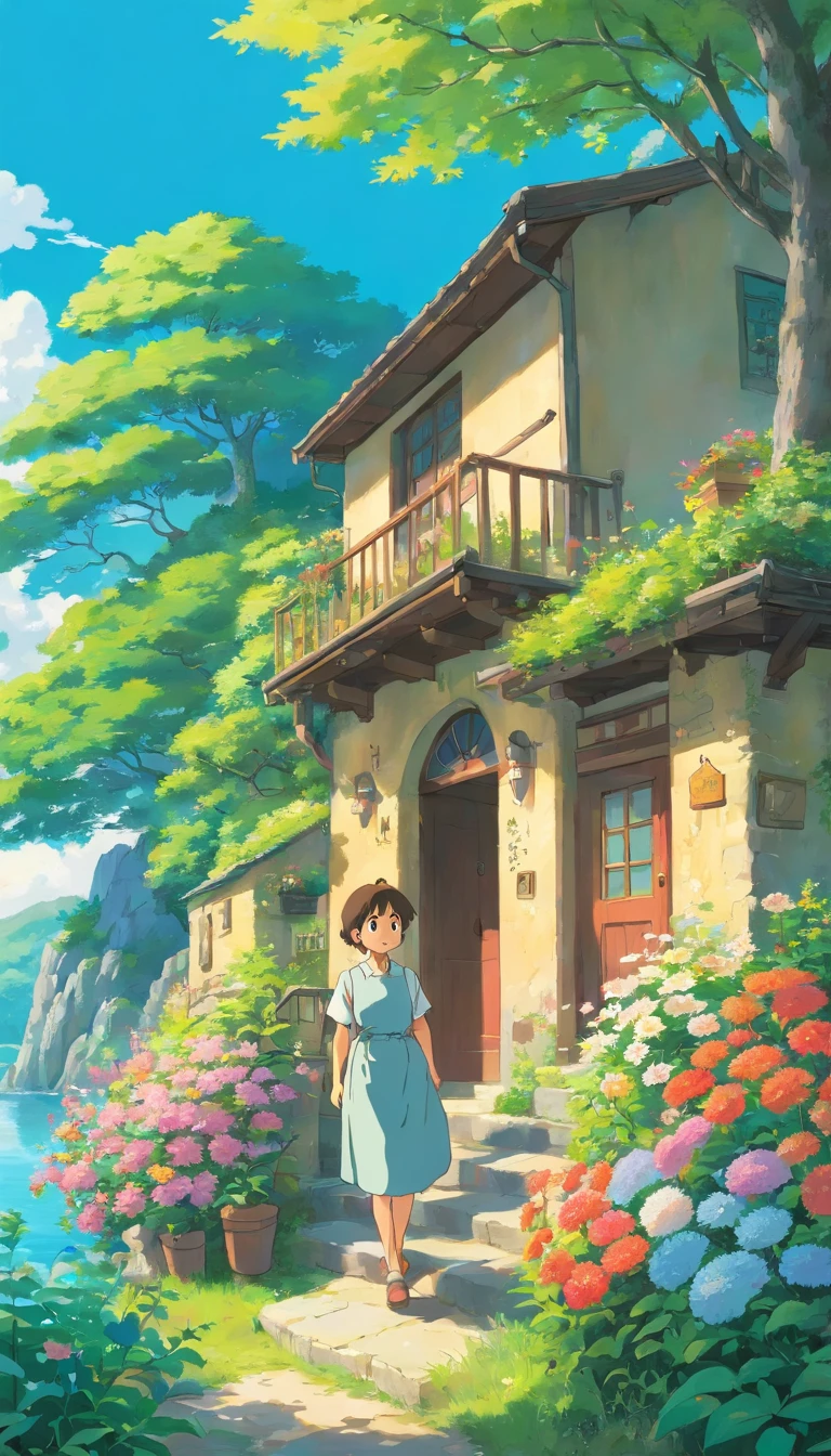 A beautiful Studio Ghibli animation in the summer with flowers, lakes