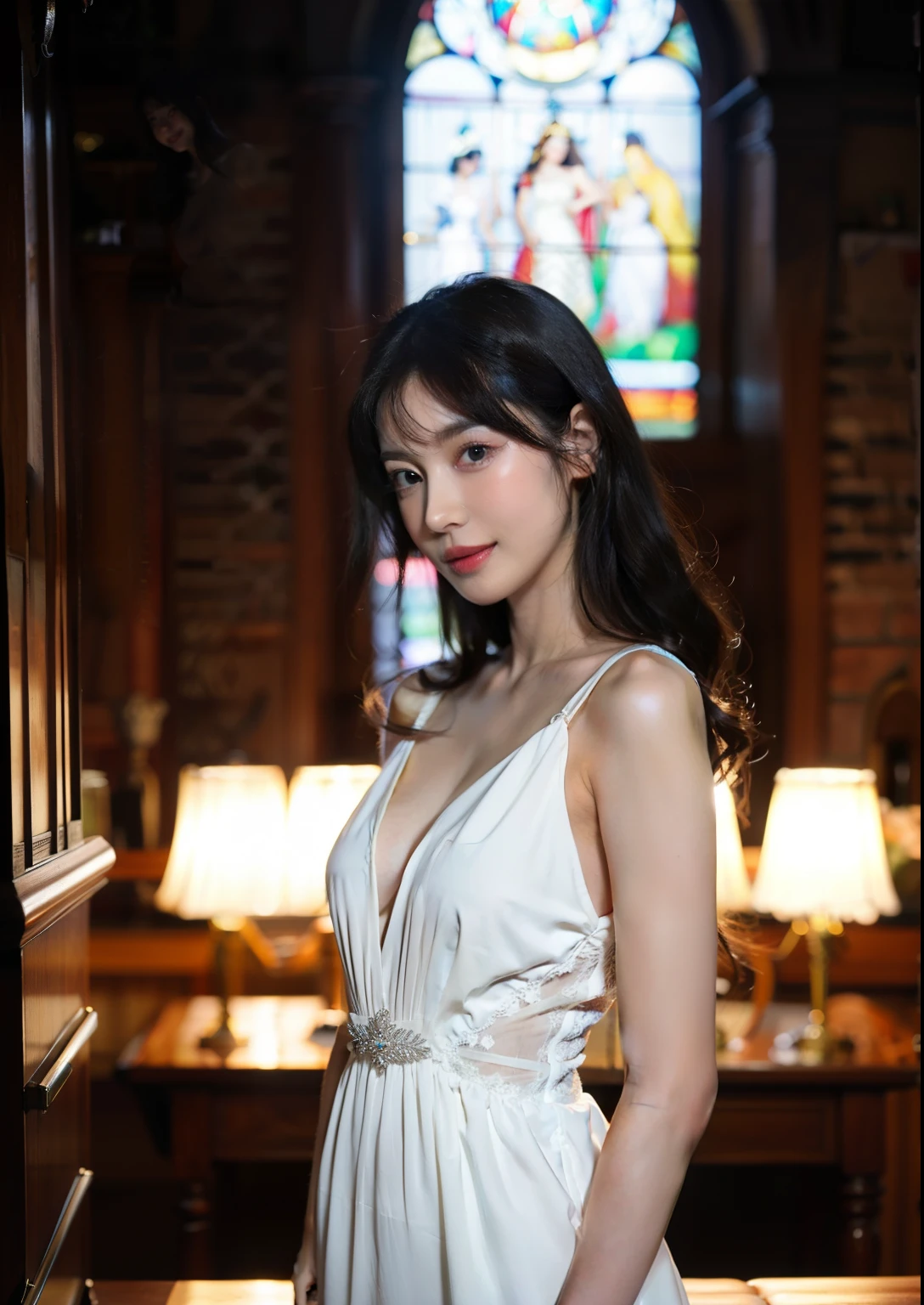 Beautiful 17 year old tall and slender woman。She is smiling. Her leg is very long.She is wearing a wedding dress. She is illuminated by sunset light. the evening church lights is on . her black hair. High resolution、masterpiece、highest quality、頭w:1.0、((Hasselblad Photos))、fine skin、(movie lighting)、clavicle . full body picture.