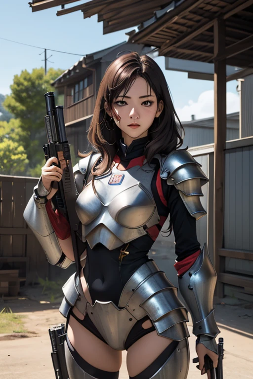 survival game、Heavy Armored Soldier、survival gameのフィールド、A beautiful girl is holding a firearm、head to waste、Vulcan cannon、m134 milligun、Material Rifle、heavy machine gun、