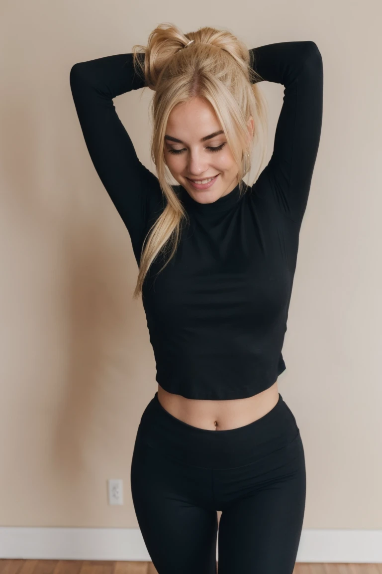 Blonde woman with hair in a ponytail, (light smile:0.8), (smile:0.5), wearing black leggings and a black crop top, standing in a twisted pose, hands behind the head