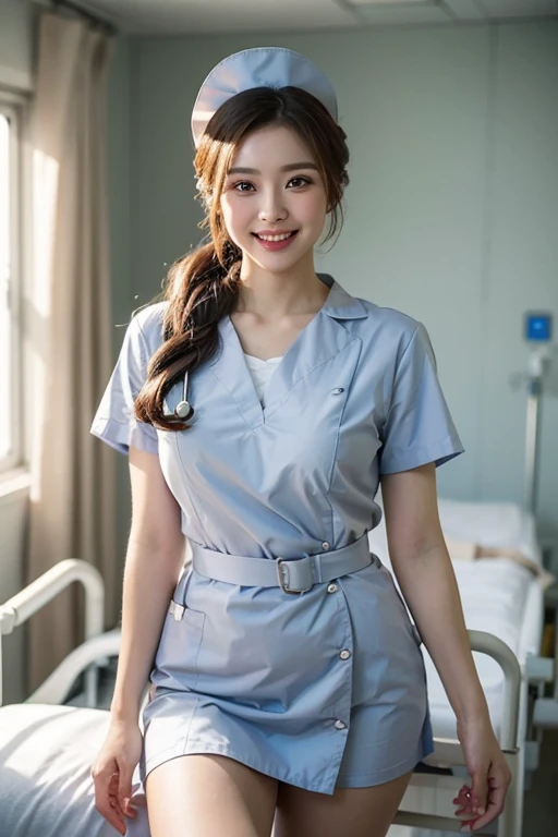 (One ultimate beautiful mature woman), experienced nurse, very detailed face, detailed lips, detailed eye, double eyelid, brunette updo, (grin and laugh), ((beautiful teeth)), (((Wearing a white nurse uniform)))), big breasts, (thighs thighs thighs),  Perfect fit, perfect body, perfect face, (((background: Hospital room with lots of medical equipment)))、cowboy shot, (Depth of bounds written), Perfect image realism, With detailed background, detailed costume, perfection、hyper realism、Photoreal、8K maximum resolution, (masterpiece), very detailed, Professional