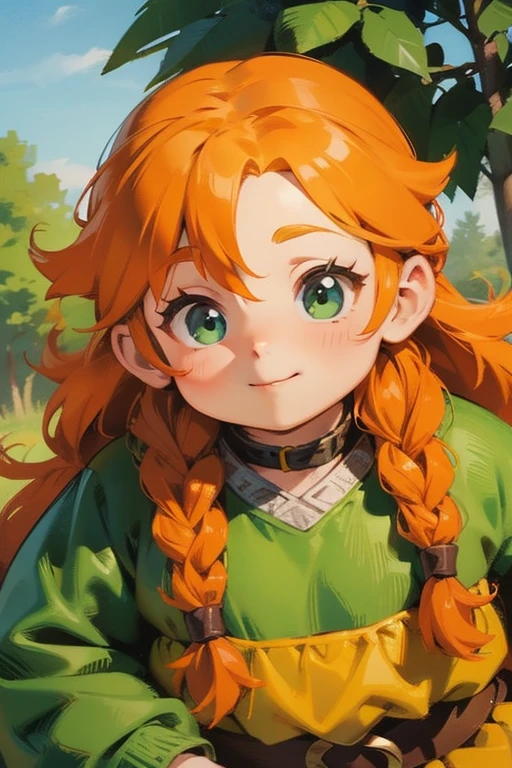"Chubby female dwarf druid with orange hair, braided in double braids, bright green eyes, rosy cheeks, made in a comic style, Close-up shot."