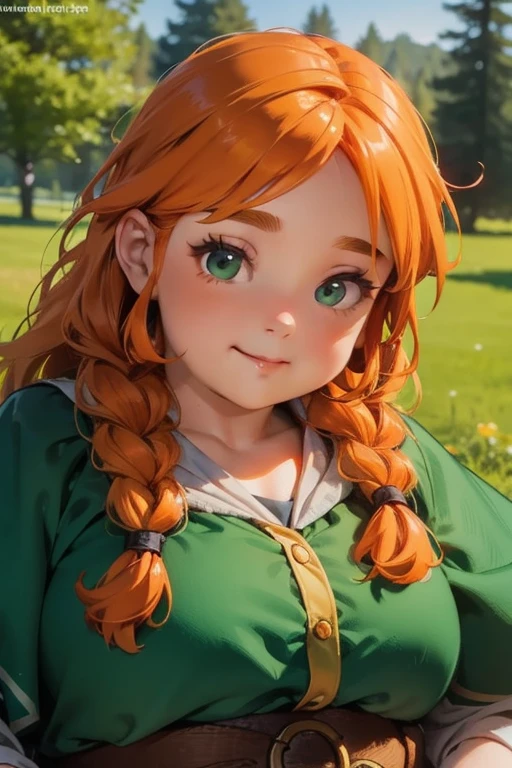 "Chubby female dwarf druid with orange hair, braided in double braids, bright green eyes, rosy cheeks, made in a comic style, Close-up shot."