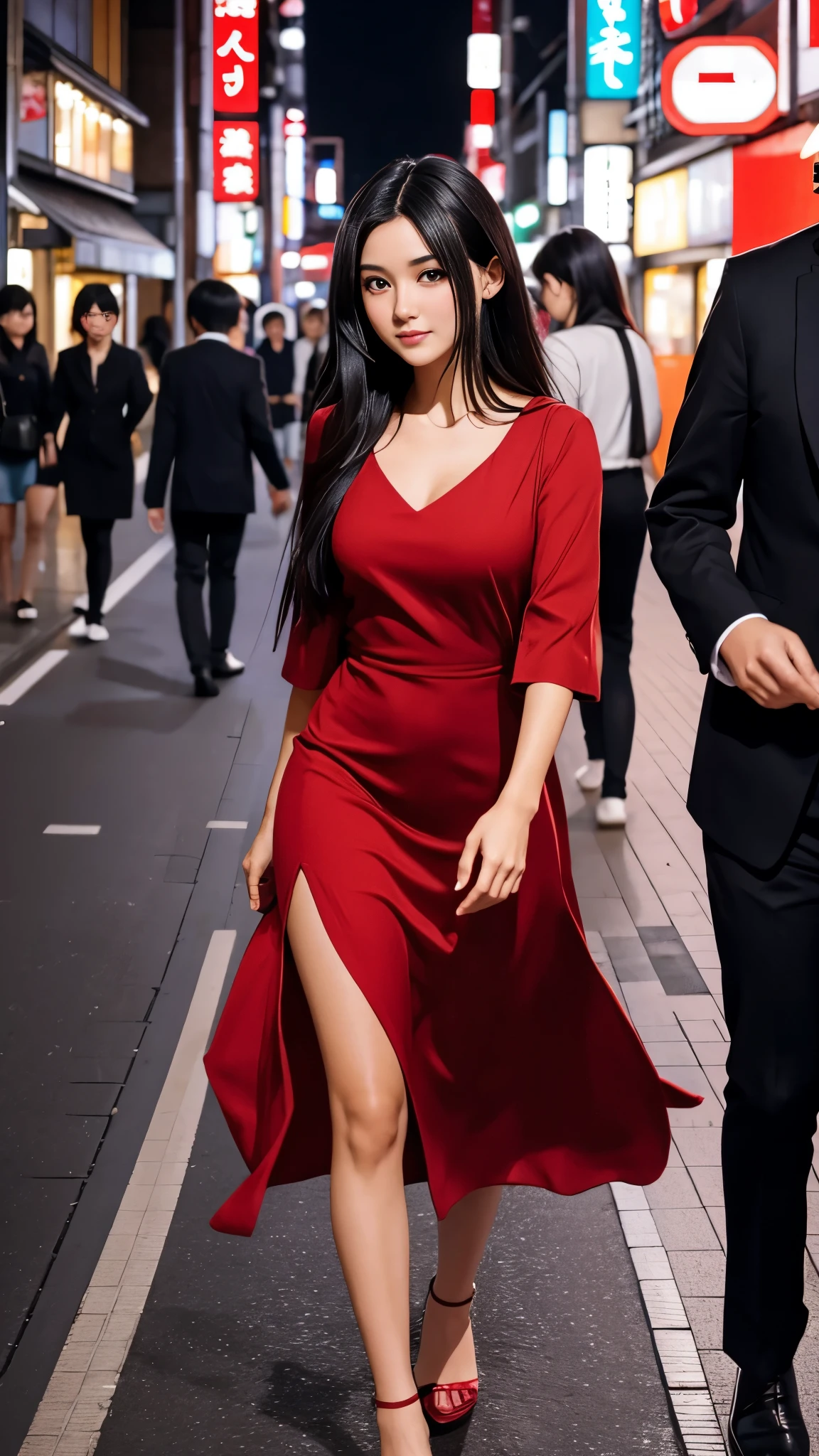 Beautiful black-haired girl with brown eyes and long hair in elegant red dress walking on the streets of Tokyo at night