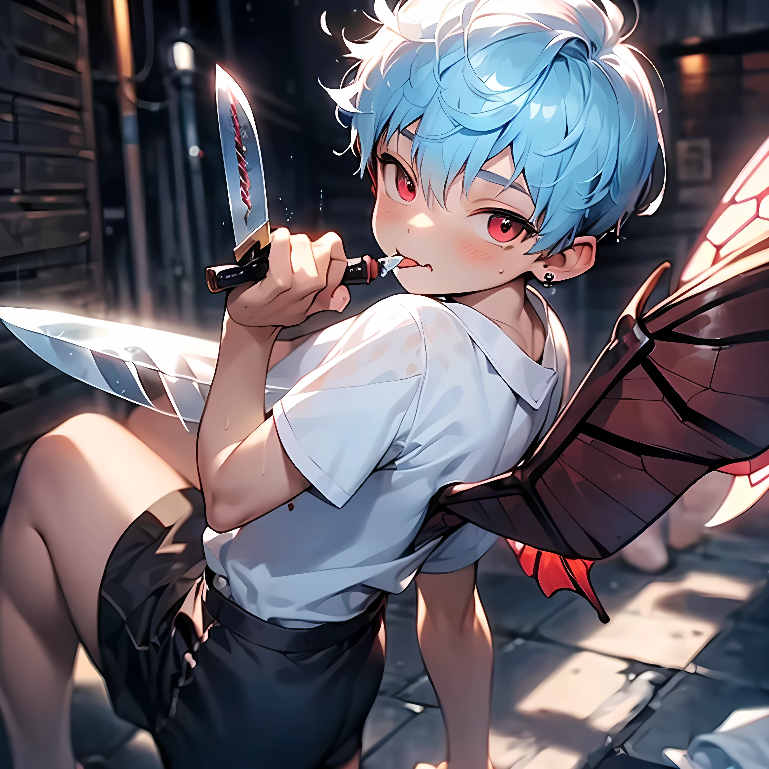 (boldline:-1.6), (arched back:1.3), (holding butterfly knife:1.3), (licking knife:1.5), BREAK (with devil wings on back:1.7), BREAK (best quality:1.5), (absolutely resolution:1.5), (ultra detailed:1.5), (masterpiece:1.5), (perfect face:1.5), (detailed face:1.3), (detailed eyes:1.5), (cute face), (shota:1.7), BREAK (white collard shirts), BREAK (wine red necktie), (black short pants), (see throgh wet clothes), (bulge:1.5), (skinny:1.3), (spiked hair), BREAK (light blue hair:1.5), (wine red eyes:1.4), (half close eyes:1.3), (eyes with high light), ((mole under eye)), (sweaty skin), (ecstasy:1.7), (blush:1.2), ((earrings)), (shiny skin:1.3), BREAK (dirty alley:1.5), (((dust box))), (flying bat:1.3), (at night), ((wind blowing)), (nipple), wide angle, look down, from below, look at viewer,