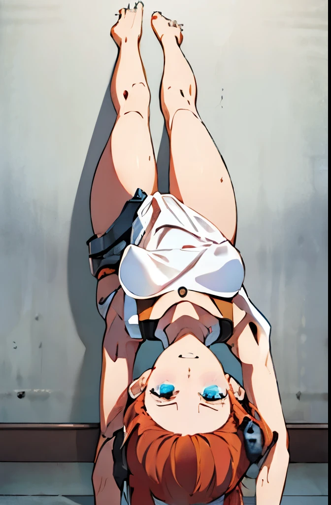 A Female robot exposes her inside mechanical organ. spread legs, nude, banzai pose. she wears no dress. Her Brown very short pigtails is tied with two big red clothespins, masterpiece, mature, android, blue eyes, full body, Height: 160cm, flushed cheeks, Uplifting, No NSFW, whole body, barefoot, archaic smile, orgasm, sweat bucket. no panties, full body shot, floating hair, looking away. cyborg made from rung to heaven. She leans arching her back hi-res position. lay in bed.