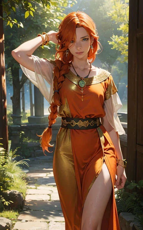 flame, (young Lena Headey:Evangeline Lilly), A 35-year-old woman with orange hair, green eyes, the sideburns, one big braid, gold necklace with ruby pendant, dressed in a white Greek tunic and Roman sandals., with gold bracelets on his hands, forest in the background, masterpiece, Hyper detailed,((1 Girl)) ,bang,braided ponytail,single braid,orange hair,Very long hair,sidelocks,red earrings,hair over one eye,