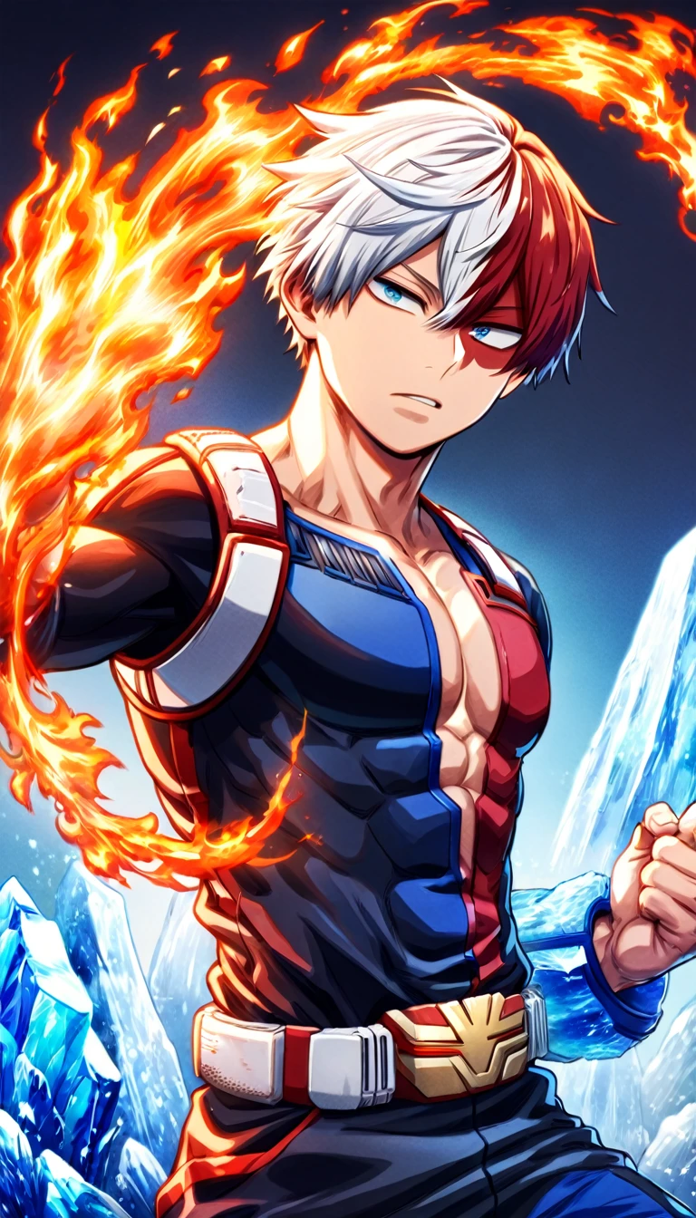 absurdres, highres, ultra detailed, HDR, master piece, best quality, Todoroki Shouto, bicolored hair, white hair right side, red hair left side, expressive blue eyes, Boku no hero academia, solo, sexy man, handsome, toned chest, black hero clothes, magical, fantasy, fire, ice