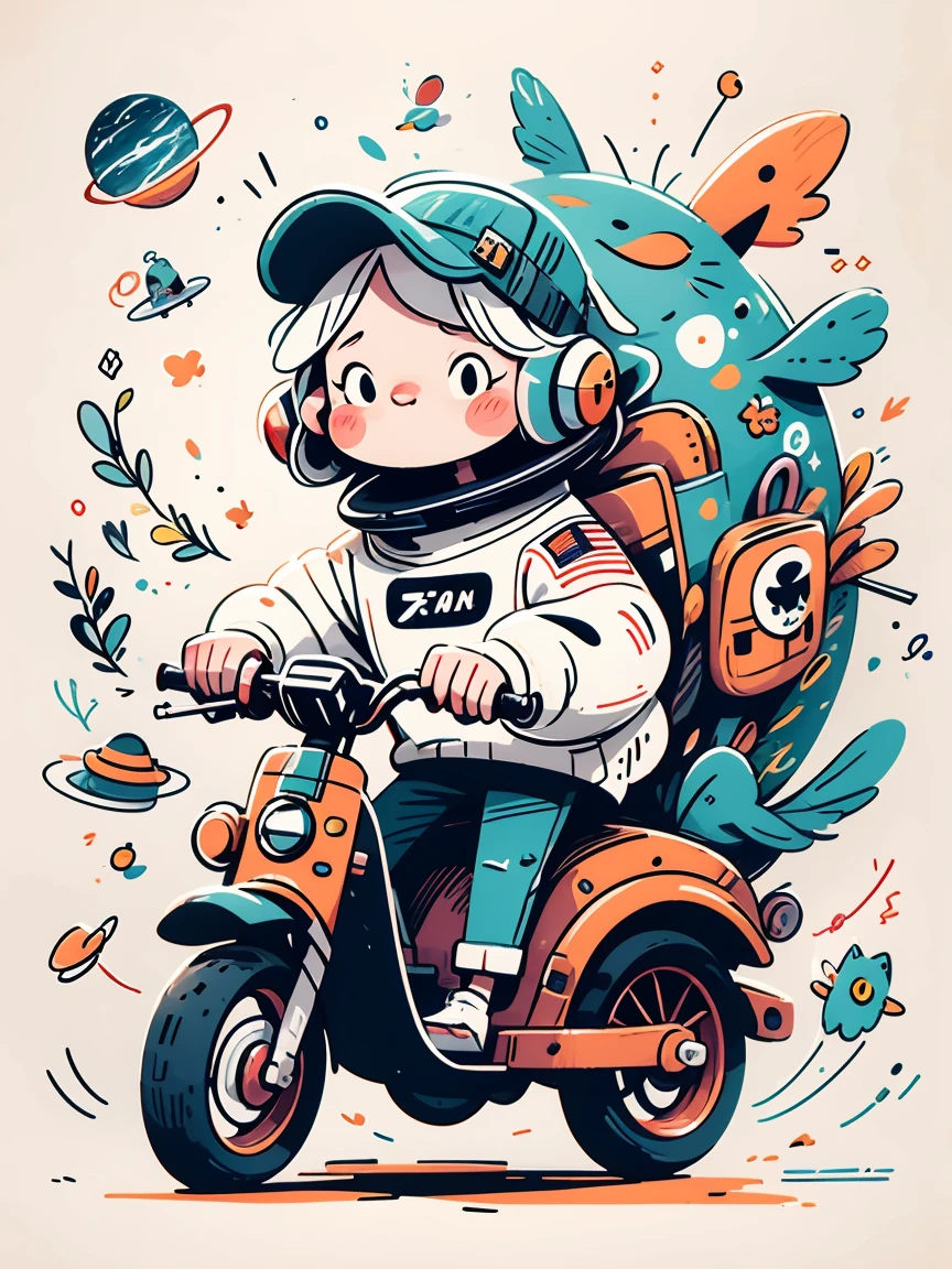 cinematic film still A visually striking chibi-style astronaut is depicted with remarkable detail, wearing a black tinted visor and a crisp white suit with red straps. This adorable hero is captured riding on a 's tricycle with big grippy tires, exploring the surface of the moon. The background showcases a delightful galaxy filled with stars and cosmic wonder. This conceptual art piece blends anime, photography, illustration, and typography to create a whimsical and imaginative portrayal of space exploration.