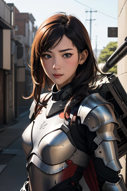 survival game、Heavy Armored Soldier、survival gameのフィールド、A beautiful girl is holding a firearm、head to waste、Vulcan cannon、m134 milligun、Material Rifle、heavy machine gun、
