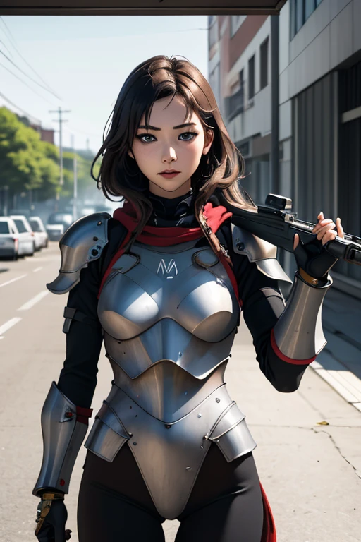 survival game、Heavy Armored Soldier、survival gameのフィールド、A beautiful girl is holding a firearm、head to waste、Vulcan cannon、m134 milligun、Material Rifle、heavy machine gun、