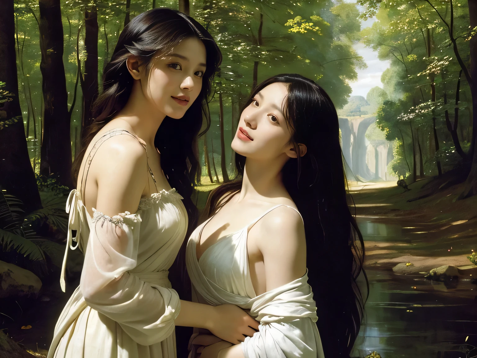 Giorgione painting style,Barbizon forest A beautiful woman in Greek dress smiles on the shore,Sweet and seductive appearance.、Caravaggio's paintings、Chiaroscuro of Caravaggio、hair tousled by the wind,Two women frolicking,cute smile, expression of ,Sexy,erc, fuy portrait