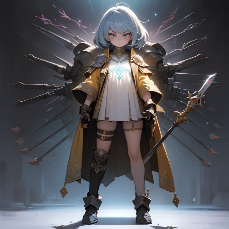 Design a layout showcase Gaming character, (1girl). Golden+Purle clothes, stylish and unique, ((showcase weapon:1.4)), magic staff, (masterpiece:1.2), (best quality), 4k, ultra-detailed, (Step by step design, layout art:1.5), (luminous lighting, atmospheric lighting), magican, ((glove full hands)), (((revealing clothes:1.3))), vambraces, armored legwear, (((full_body_shot:1.4)))