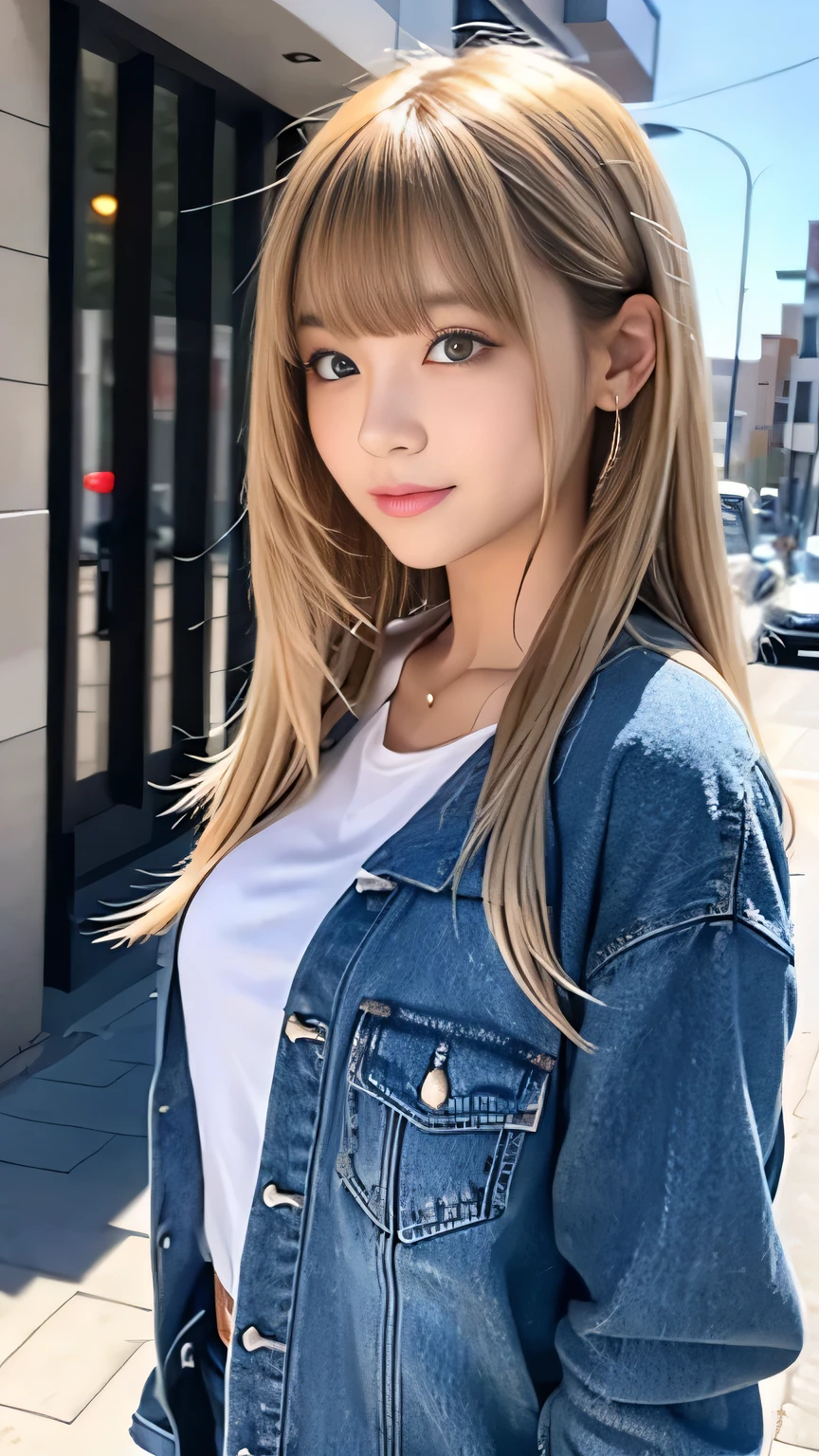 Sexy Big 、A cute 15-year-old girl with a sexy and cute look, beautiful and sexy face、A strong wind blows my hair in front of my face、With straight blonde hair、beautiful, Cute and sexy eyes hidden behind long bangs、Companion Girl
