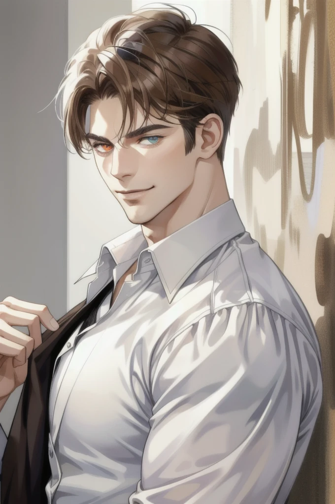 masterpiece, best quality, realistic, 1man, mature man, muscular tall, handsome, smile, closed mouth, portrait, extremely detailed face, (short hair), (brown hair), (heterochromia in eyes)
