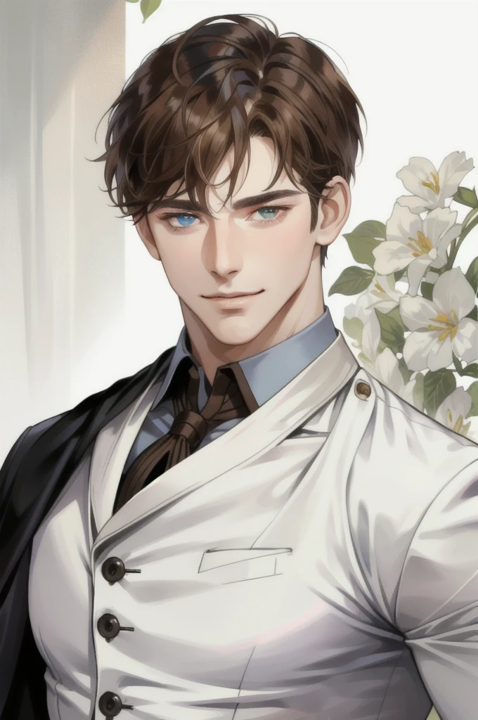 masterpiece, best quality, realistic, 1man, mature man, muscular tall, handsome, smile, closed mouth, portrait, extremely detailed face, (short hair), (brown hair), (heterochromia in eyes)
