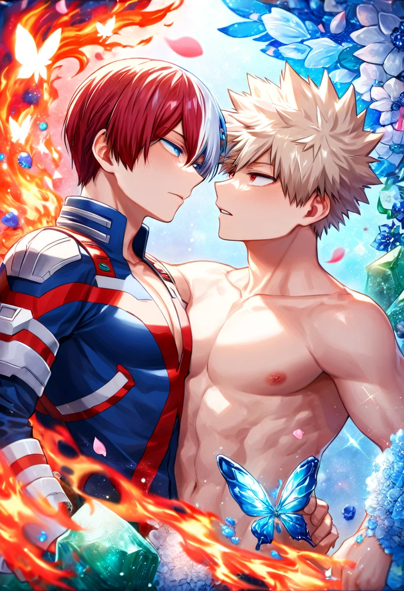 Ultra detailed, HDR, Highres, absurdres, master piece, Todoroki Shouto, bicolor hair, white right hair, red left hair, expressive blue eyes, Bakugo Katsuki, ash blond hair, expressive red eyes, Boku No Hero Academia, blue glittering butterflies, petals, fantasy, blue flowers, two sexy man together, gay couple, yaoi, extremely detailed face and eyes, handsome, glittering, bare chest, hero clothes, blue gemstone background, fire and ice, cross, radiant, love,