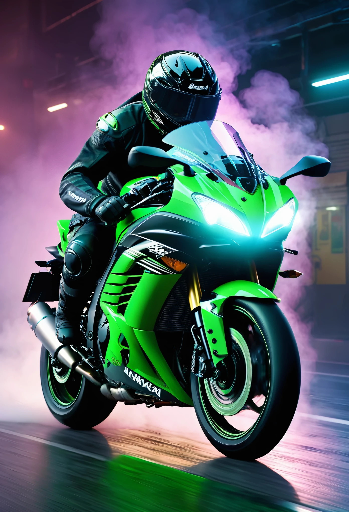 motorcyclist on his kawasaki ninja zx-10 r motorbike, mid-action using dutch tilt composition, bathed in neon lighting, surrounded by light smoke and a touch of fog suggestive of fog, ultra HD realistic style with bright colors, highly detailed UHD drawing, rendering of octane creating a beautiful and complex visual delight, trending in ArtStation aesthetics, 8k artistic photography technique, photorealistic concept portrayed with soft natural volumetric light ensuring cinematic quality.