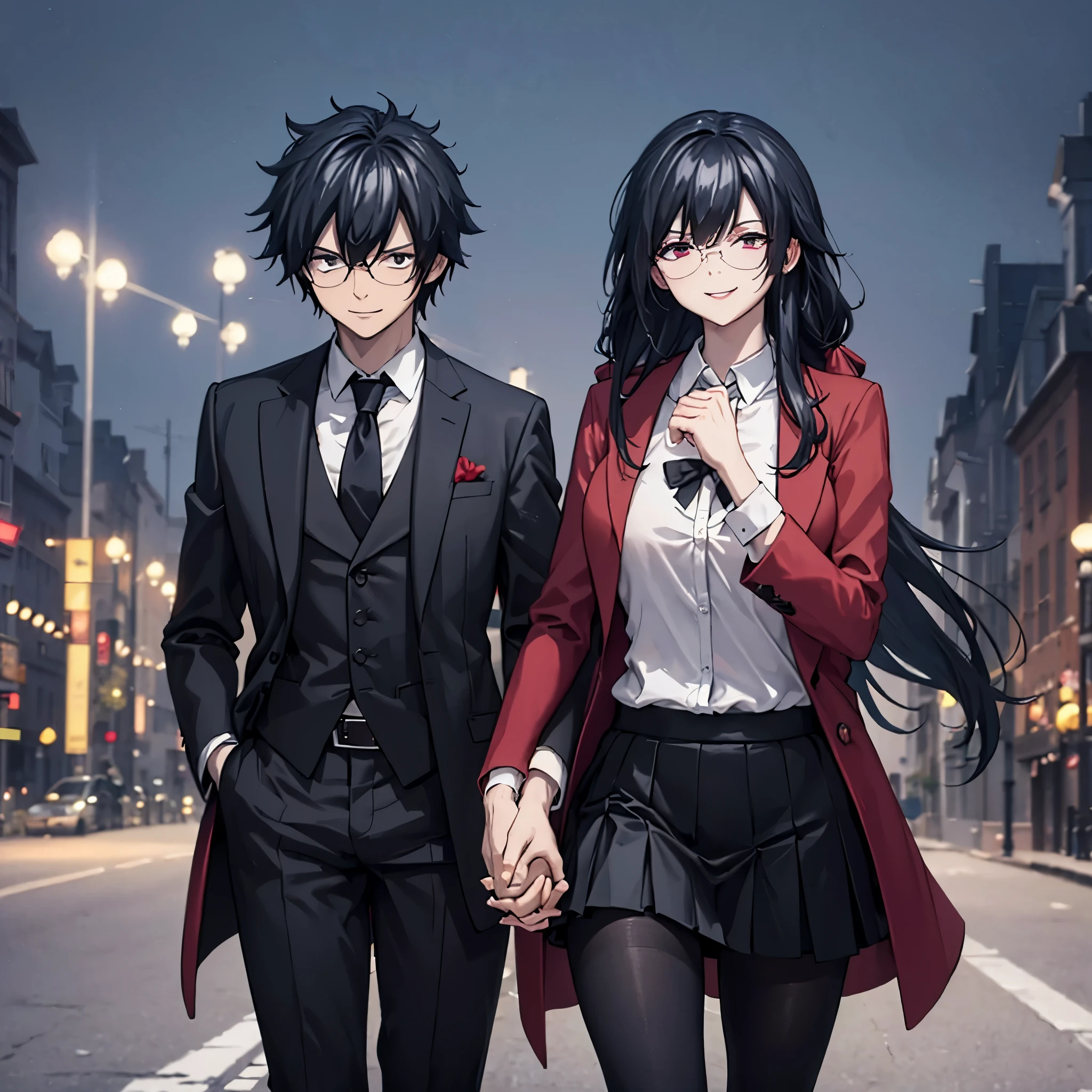 A man together with a woman holding hands Walking on a wide sidewalk overlooking a city at night with illuminated buildings, with perfect lighting, (romantic mood) (holding hands perfectly with coherent fingers), (woman wearing red coat white shirt , black skirt, black tights, smiling red eyes, long black hair) (a man wearing a black suit, black pants, black hair, dark blue eyes, smiling) (just a man and woman couple), .shadow, flower , UHD , masterpiece, accurate, anatomically correct, textured skin, super detail, high quality, best quality, 8k, high resolution, bokeh effect.
