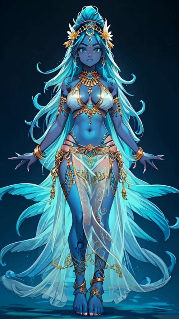 Beautiful girl with cyan hair and black body, six arms，Indian Goddess，Pointed nails，Blue skin with white tattoos，Gold Bikini，Thong，Transparent long skirt，，barefoot，valley