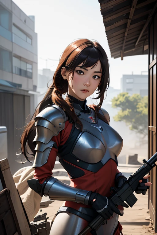 survival game、Heavy Armored Soldier、survival gameのフィールド、A beautiful girl is holding a firearm、head to waste、Vulcan cannon、m134 milligun、Material Rifle、heavy machine gun、