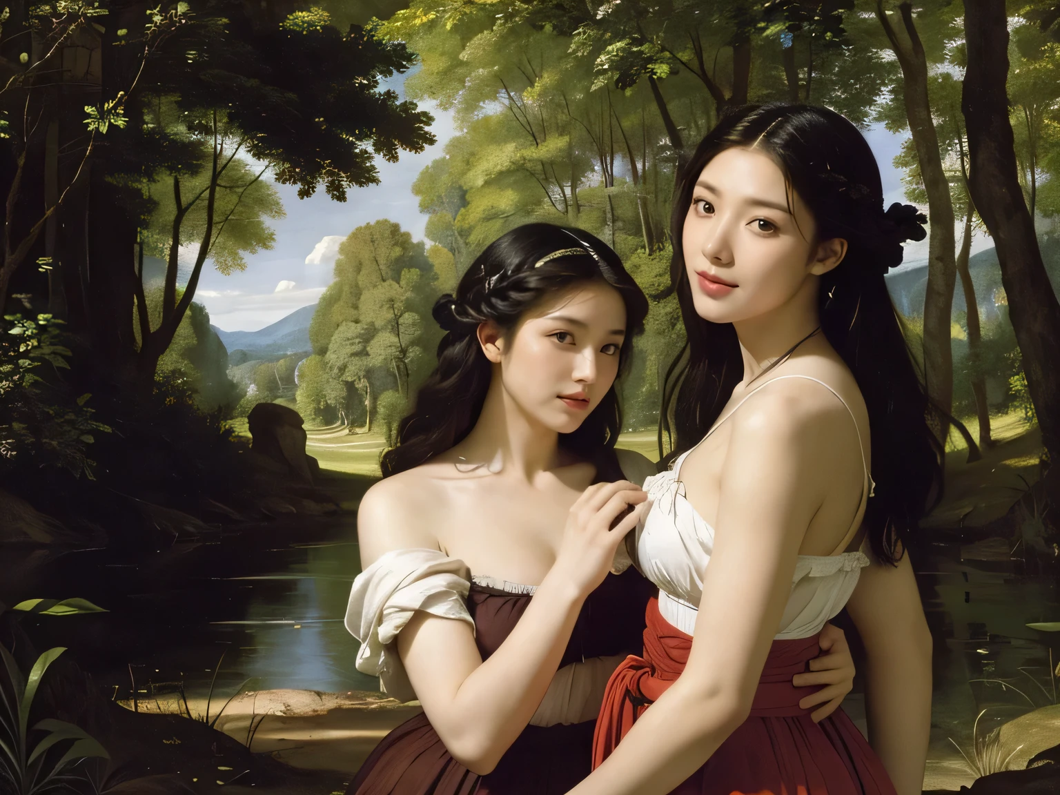 Giorgione painting style,Barbizon forest A beautiful woman in Greek dress smiles on the shore,Sweet and seductive appearance.、Caravaggio's paintings、Chiaroscuro of Caravaggio、hair tousled by the wind,Two women frolicking,cute smile, expression of ecstasy,Sexy,erotic, full body portrait 