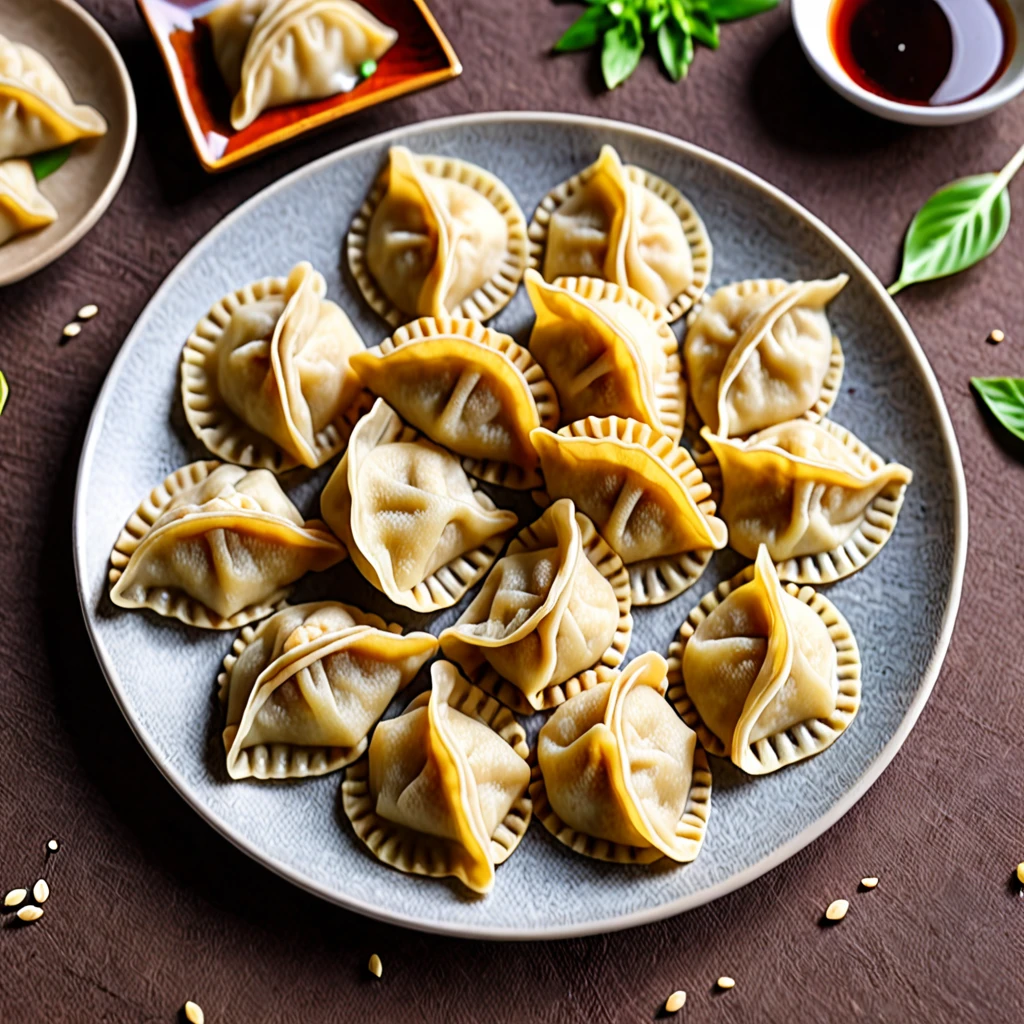 These dumplings are made from wheat flour dough rolled out thinly and shaped into semicircular shapes..、Fried dumplings on a plate