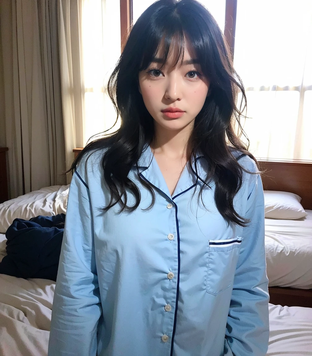 ((highest quality、8k、masterpiece:1.3))、Photorealistic, Sharp focus, high resolution, High resolution, Portraiture, alone, Japanese, Middle-aged women, Beautiful woman, pajamas、26 years old、Big Breasts, Wavy Hair,Messy room, Combing one's hair、Putting on makeup in front of the mirror、In an apartment