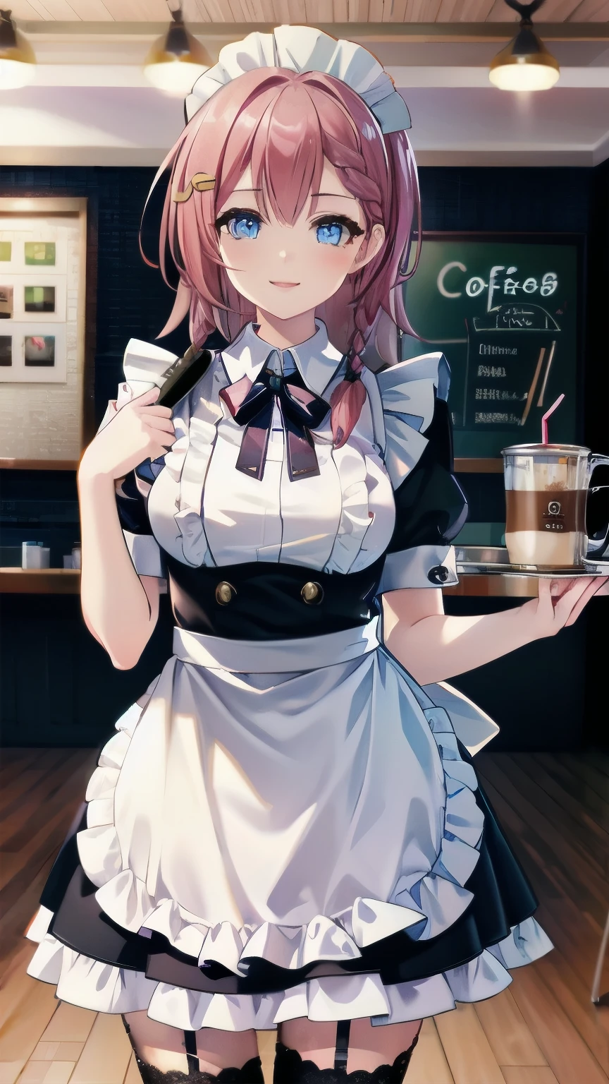 One girl, Stay \(honkai: Star Rail\), hairpin, Maid, Maid headdress, Maid apron, holding coffee on a tray, Lace-trimmed legwear, Cowboy Shot, Cafe, indoor, View Viewer, smile, (Highly detailed CG Unity 8k wallpaper,masterpiece, highest quality, Super detailed, Beautiful fine details:1.2)