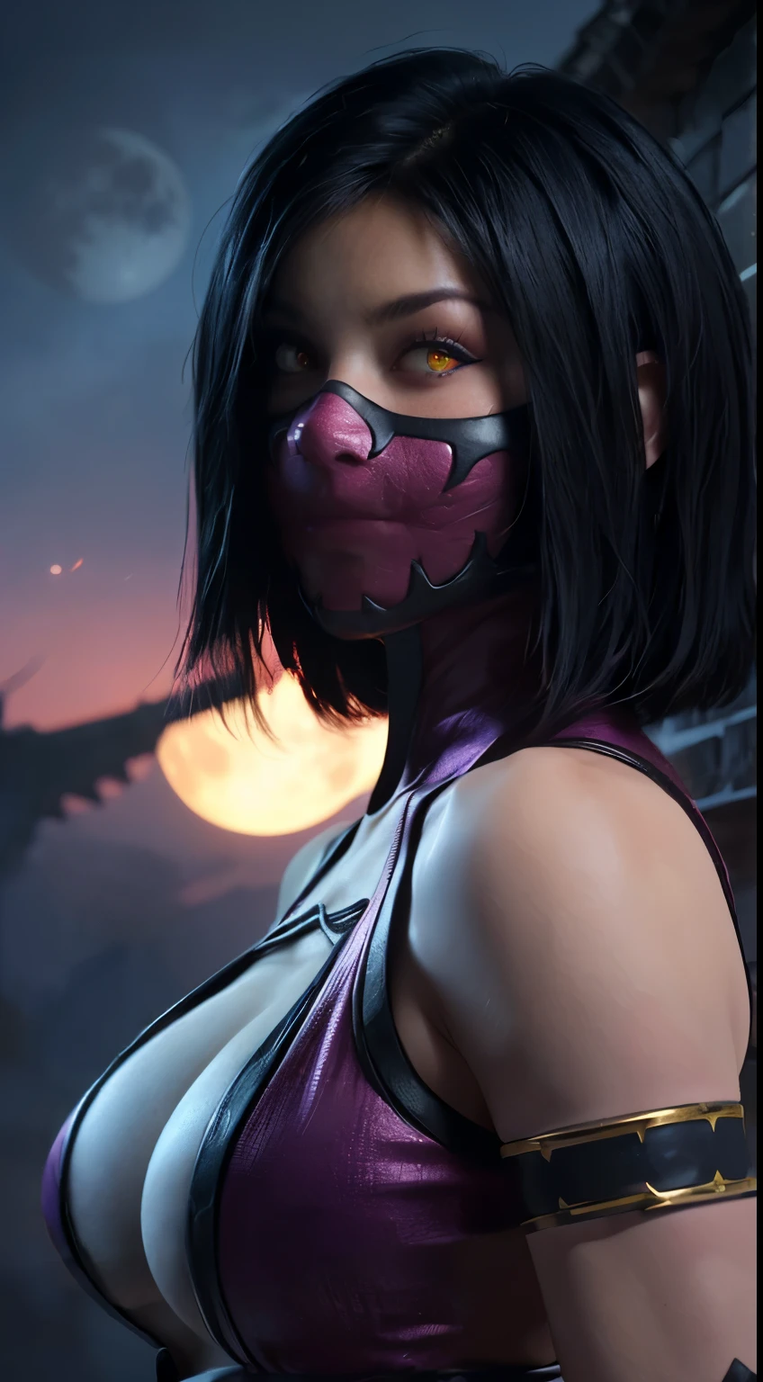 (High quality photo, ultra realistic, 8k, Seductive portrait of (Mileena), MORTAL KOMBAT), close up shot, portrait, (Mileena wearing demon mask), super beautiful with angry expression, bright pink eyes, photo taken close up, normal hands, detailed fingers, masterpiece, (realistic 8k, photo-realistic: 1.37), realistic detailed, 1 girl, short hair to the shoulder super smooth: 1 .5, black hair: 1.2, glowing red eyes: 1.5, glowing eyes, ((Mileena from Deadly Game kombat)), ninja wearing demonic mask, weapons, kimono, dress, micro swimsuit of purple warrior, ((mortal kombat)), large and long breasts, fighting pose opening the legs, body
flexible, curved body, serene look, temple, meditation, apocalyptic, (Ninja Mask), eyes to the sky, demonic mask, reflection, (photo background: shows clear moon, moon, cherry blossom), perfect hands, she uses sai weapons in her hands, sexy ninja hot body,