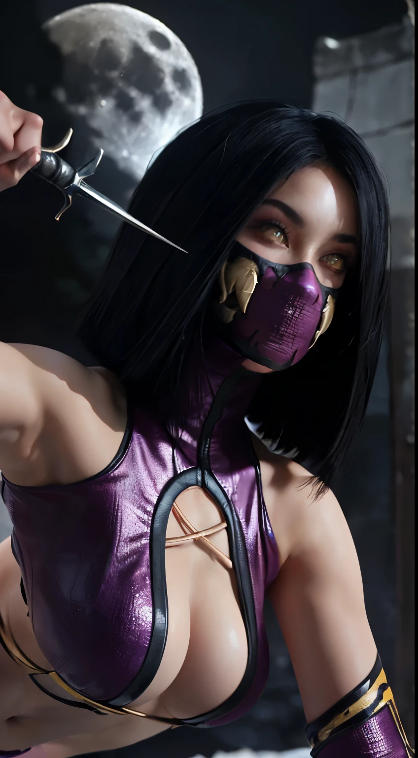 (High quality photo, ultra realistic, 8k, Seductive portrait of (Mileena), MORTAL KOMBAT), close up shot, portrait, (Mileena wearing demon mask), super beautiful with angry expression, bright pink eyes, photo taken close up, normal hands, detailed fingers, masterpiece, (realistic 8k, photo-realistic: 1.37), realistic detailed, 1 girl, short hair to the shoulder super smooth: 1 .5, black hair: 1.2, glowing red eyes: 1.5, glowing eyes, ((Mileena from Deadly Game kombat)), ninja wearing demonic mask, weapons, kimono, dress, micro swimsuit of purple warrior, ((mortal kombat)), large and long breasts, fighting pose opening the legs, body
flexible, curved body, serene look, temple, meditation, apocalyptic, (Ninja Mask), eyes to the sky, demonic mask, reflection, (photo background: shows clear moon, moon, cherry blossom), perfect hands, she uses sai weapons in her hands, sexy ninja hot body,