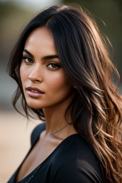 24-year-old Latina woman, toweringly tall, bronze-toned body with the dimensions akin to Megan Fox, long black hair adorned with royal blue highlights, finely sculpted face, epically realistic rendition, photorealistic portrait
Her skin, richly textured with the subtle nuances of fine pores and peach fuzz, is a testament to the depth and authenticity of the image. The focus on her radiant, nearly flawless complexion reveals the skill of the master photographer, Lee Jeffries, capturing her in an award-winning photograph shot with a Nikon D850 and a Camera F1.6 lens. The image is