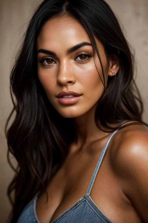 24-year-old Latina woman, toweringly tall, bronze-toned body with the dimensions akin to Megan Fox, long black hair adorned with royal blue highlights, finely sculpted face, epically realistic rendition, photorealistic portrait
Her skin, richly textured with the subtle nuances of fine pores and peach fuzz, is a testament to the depth and authenticity of the image. The focus on her radiant, nearly flawless complexion reveals the skill of the master photographer, Lee Jeffries, capturing her in an award-winning photograph shot with a Nikon D850 and a Camera F1.6 lens. The image is