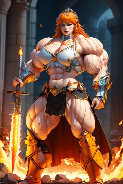 (((Massive, beautiful, buff, pale white skinned, muscular warrior princess with orange hair, black lipstick, ginormous bulky muscles, welding a fire sword and wearing a beautiful long armored orange warrior princess dress))), {close view}, vascular, massive muscles, massive biceps, hyper muscle shoulders, hyper muscle triceps, (long shaggy hair), green eyes, long beautiful princess skirt, warrior boots, closed smile, in a castle, at evening, hyper muscles arms, hyper muscle legs, massive arms.