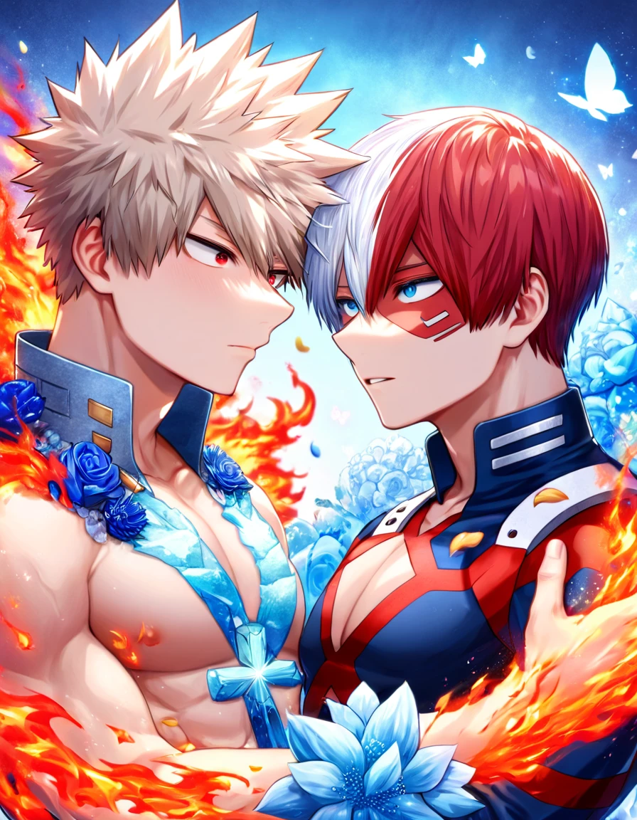 Ultra detailed, HDR, Highres, absurdres, master piece, Todoroki Shouto, bicolor hair, white right hair, red left hair, expressive blue eyes, Bakugo Katsuki, ash blond hair, expressive red eyes, Boku No Hero Academia, blue glittering butterflies, petals, fantasy, blue flowers, two sexy man together, gay couple, yaoi, extremely detailed face and eyes, handsome, glittering, toned chest, hero clothes, blue background, fire and ice, cross, radiant, love,