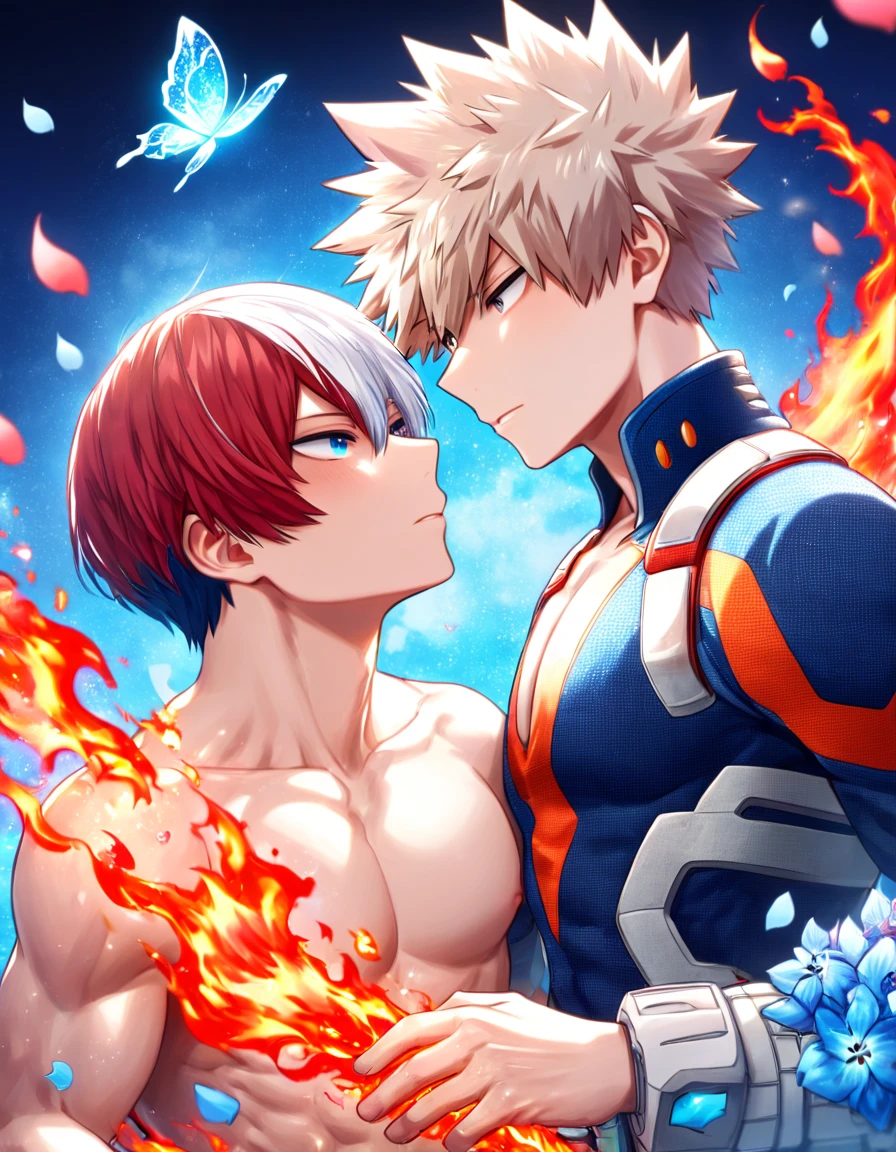 Ultra detailed, HDR, Highres, absurdres, master piece, Todoroki Shouto, bicolored hair, white right hair, red left hair, expressive blue eyes, Bakugo Katsuki, ash blond hair, expressive red eyes, Boku No Hero Academia, red glittering butterflies, petals, fantasy, red flowers, two sexy man, gay couple, yaoi, handsome, glittering, toned chest, red cape with a collar fur, red background, neckle, cross, magical, fire and ice, very detailed eyes and face, love, best quality