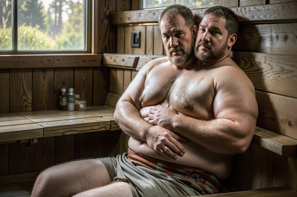 (((2heads))), solo, ((((larry the cable guy)))), middle aged, male, long hair, facial hair, (((obese, overweight, fat, chubby, heavy, dadbod, masculine, beefy))), ((shirtless, towel around waist)), navel, body hair, dreamy atmosphere, dark cyan and red, i can't believe how beautiful this is, serene atmosphere, epic realistic, intricate, highly detailed, (depth of field:1.4), faded, (neutral colors:1.2), (hdr:1.4), (muted colors:1.2), hyperdetailed, (artstation:1.4), cinematic, (intricate details:1.1), sauna room scenery, (rutkowski:0.66), (skin texture:1.2), detailed expressions, natural pose, sitting on bench, holding magazine