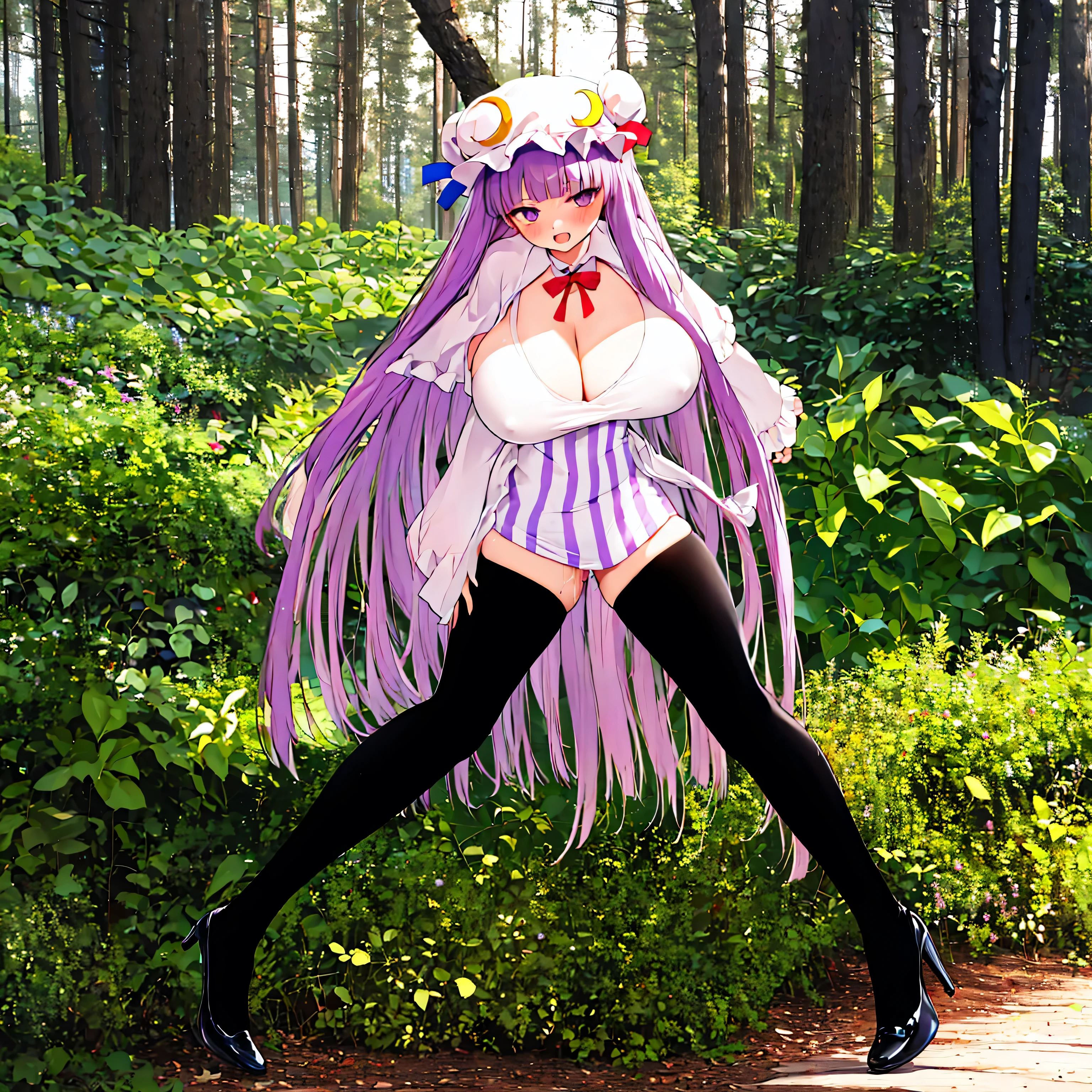 (solo), (Patchouli toho character:1.3), (standing at lakeside forest alone), outside, (standing with open legs wide:1.3), (arms behind back), swaying back, stretch legs, tiptoe, BREAK, (disproportionately gigantic huge breasts:1.3), cleavage, inconceivably narrow waist, very short torso, (skinny long legs), BREAK, capelet, sheer short dress, very short skirt, thigh gap, (black thighhighs), stiletto heels, BREAK, smile for viewer, open mouth, nose blush, full body, pussy juice, (orgasm), (nsfw:0.5)