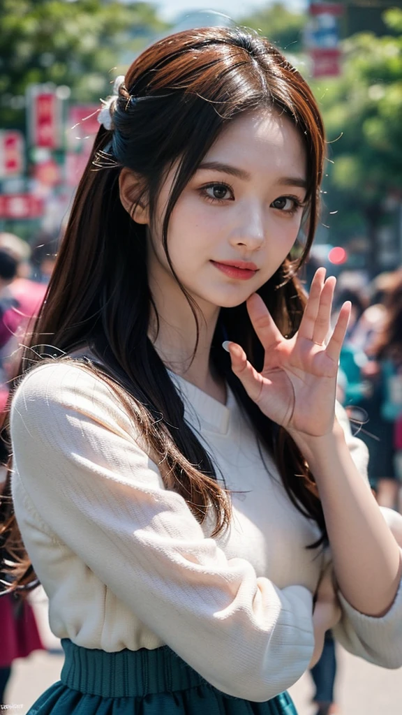 a close up of a person waving with a hand in the air, a picture inspired by Huang Ji, instagram, tachisme, dilraba dilmurat, ruan jia beautiful!, bae suzy, jia, wenfei ye, xintong chen, jaeyeon nam, sha xi, gongbi, waving, waving and smiling, leaked image, gemma chen