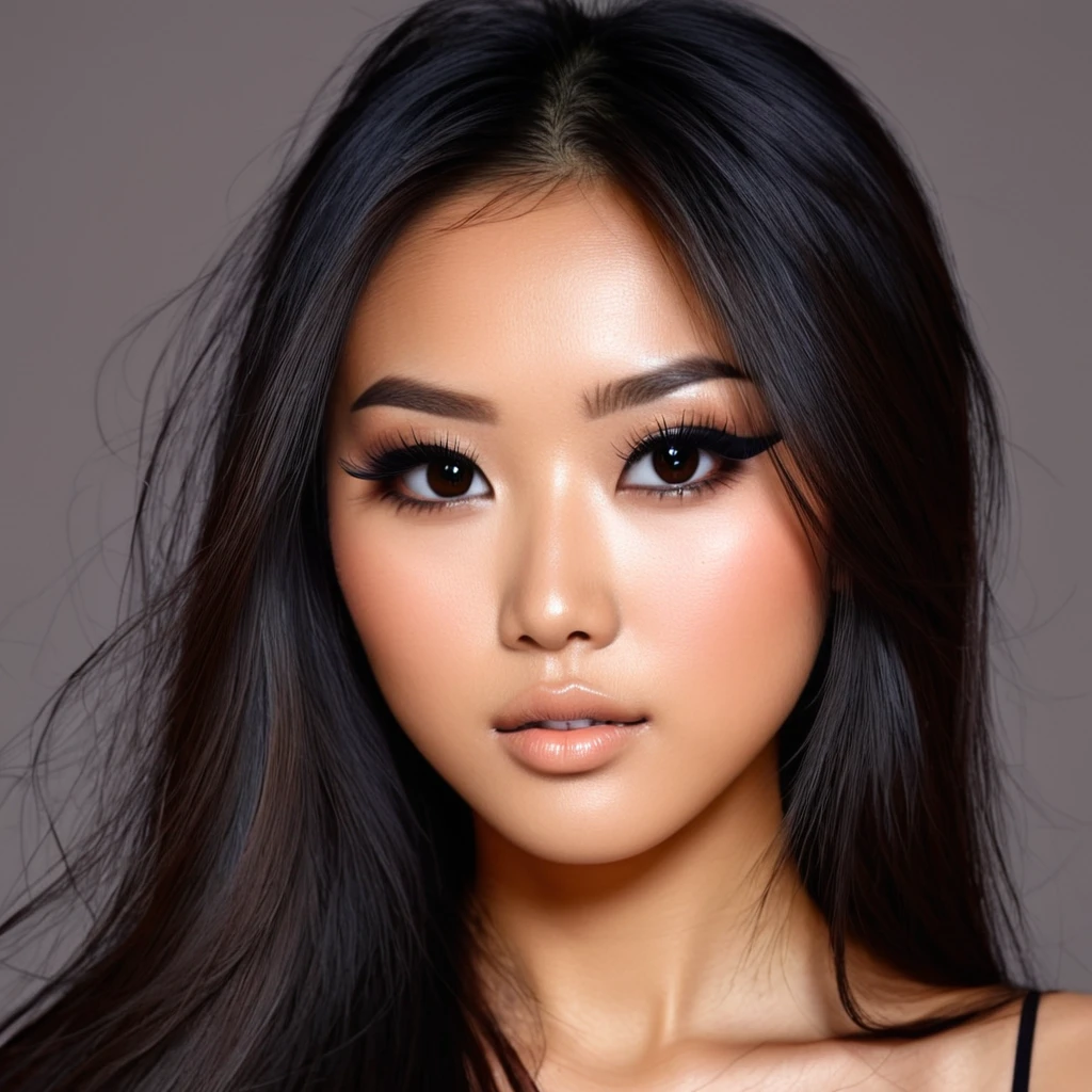 cute tan Asian female, long brown and black straight fluffy hair, heavy eyeliner, makeup, no imperfections, digital art, HD, high quality
