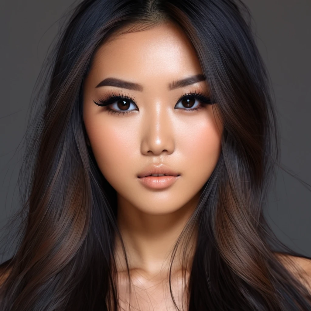 cute tan Asian female, long brown and black straight fluffy hair, heavy eyeliner,  makeup,  no imperfections, digital art, HD, high quality