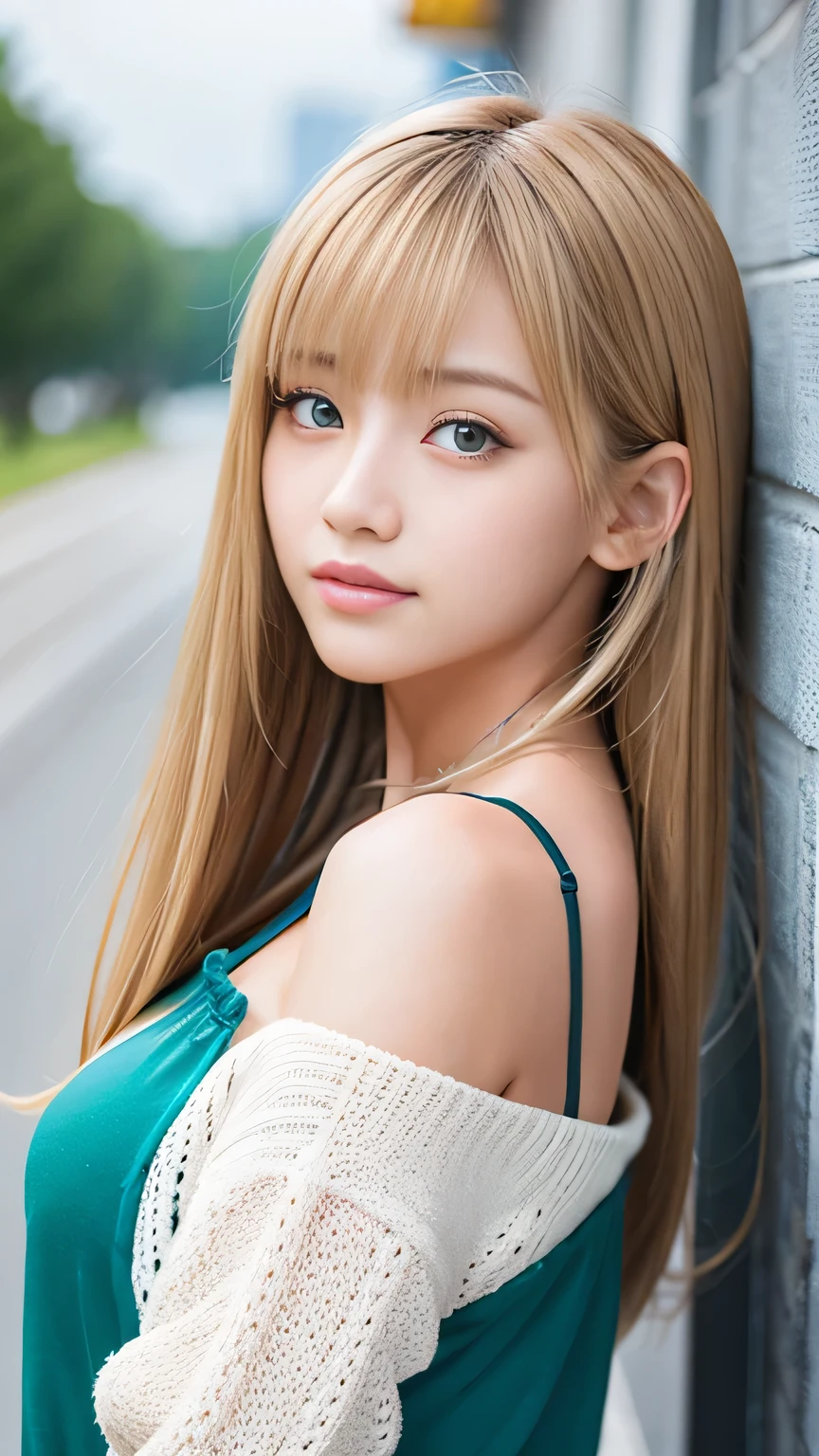 Sexy Big 、A cute -yeld giwith a sexy and cute look, beautiful and sexy face、A strong wind blows my hair in front of my face、With straight blonde hair、beautiful, Cute and sexy eyes hidden behind long bangs、I'm wearing a choker、Cute micro mini skirt