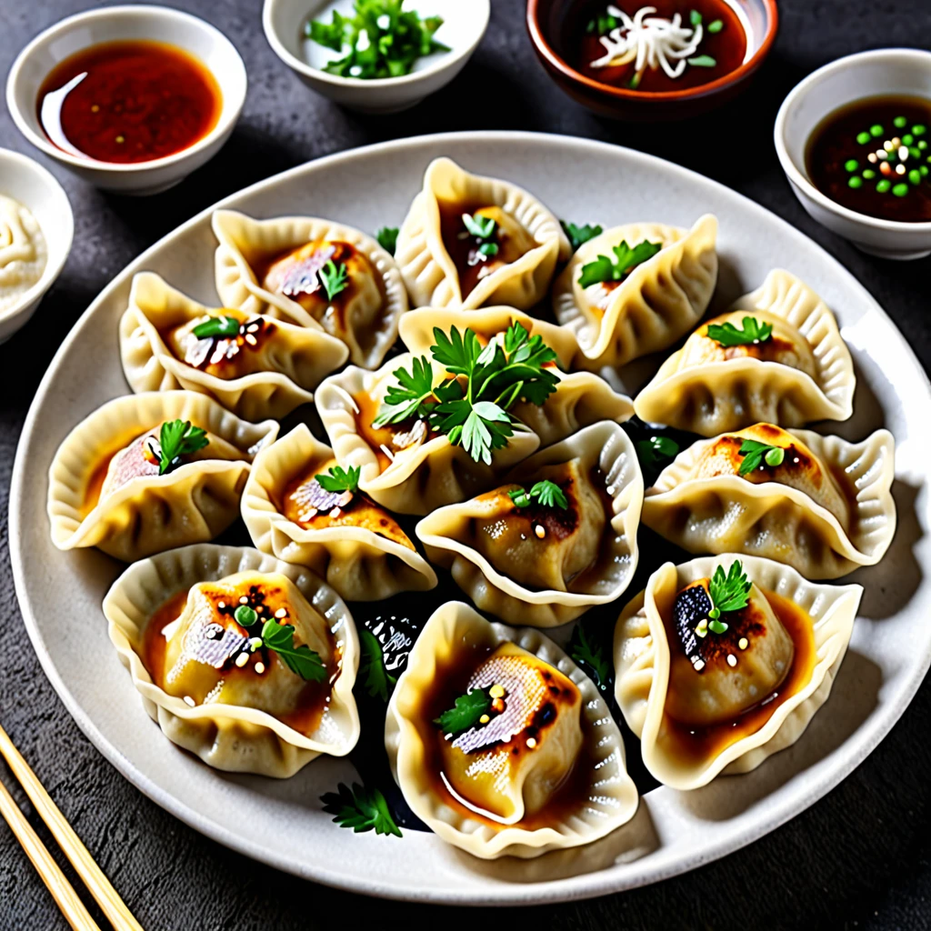 These dumplings are made from wheat flour dough rolled out thinly and shaped into semicircular shapes..、A plate full of grilled dumplings