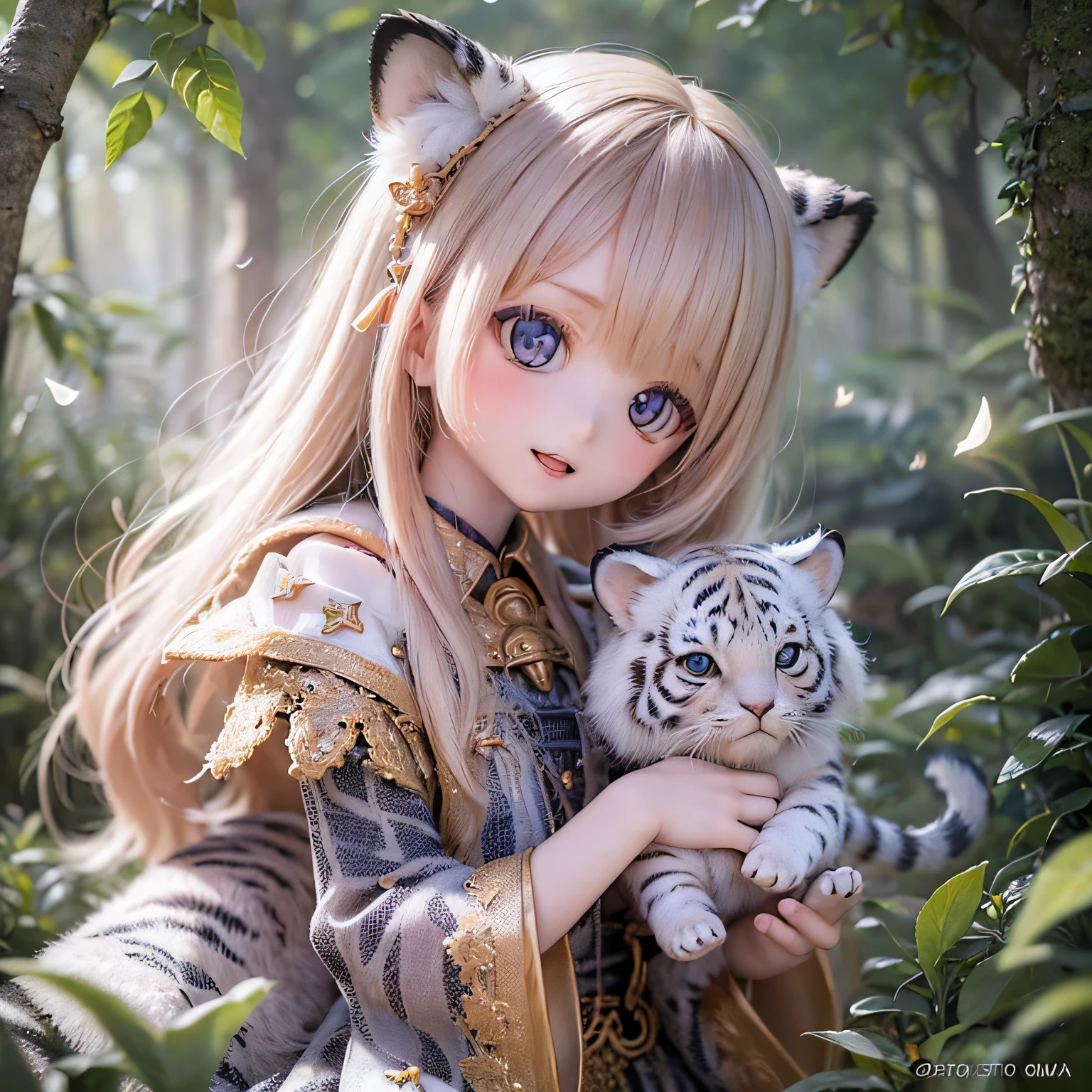 (highest quality,4K,8k,High resolution,masterpiece:1.2),Super detailed,Realistic,White Tiger Girls Chibi,Beautiful fine details,Long eyelashes,Detailed lips,A girl in colorful and cute clothes,Tall trees with bright flowers々Play in a magical garden filled with,Soft and warm sunlight on the tree々Plug in from between,Creates a magical and dreamy atmosphere,Sparkling fairy dust floating in the air,Bring a sense of fascination and wonder to your scenes,The skin has a delicate and intricate tiger pattern.,Glows softly, Mysterious Light,The innocent and happy expressions of the girls,
Emphasize a pure and playful personality,Small and adorable chibi characters,
Increase the cuteness, A harmonious blend of reality and fantasy,
Evokes childlike joy and imagination, vibrant and lively color palette,
Shades of pink, purple, Blue and,Painting-like texture, Add depth and richness to your artwork, Capture the magical essence of the scene.