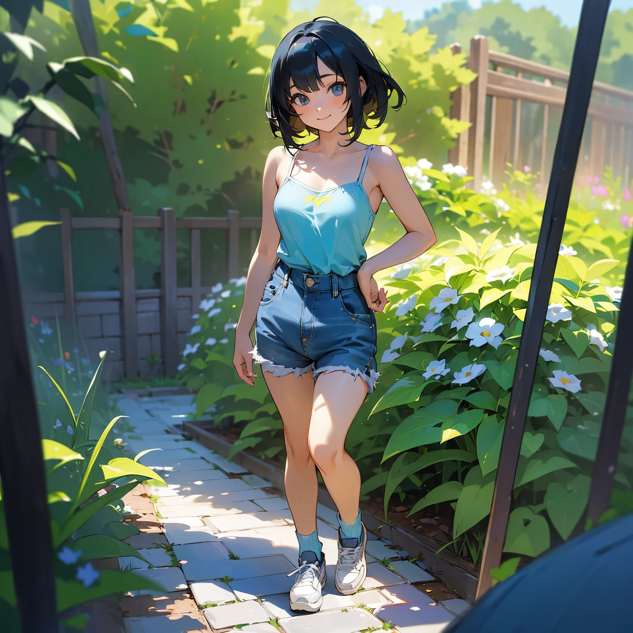 (high quality, High resolution, Very detailed, reality:1.37), Peaceful atmosphere, (Outdoor, garden), age girl standing alone, (my breasts are big.), Beautiful details, Cute Smile, (Black bob hair), camisole, Denim shorts, Blue socks, sneakers.