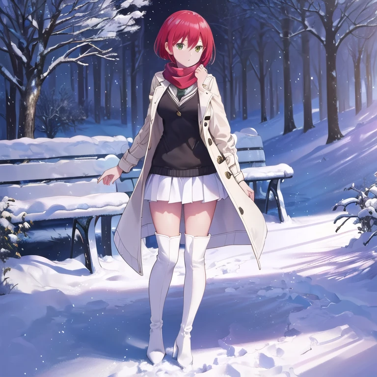 (((full body shot))),１girl,Red hair ,(masterpiece:1.2), highest quality,,((((High resolution)))), unity 8k wallpaper, (shape:0.8), Highly detailed face, Perfect lighting, Highly detailed CG,(((Park bench)))),(Big Breasts),((((white trench coat)))),((((Black sweater)))),((((Scarf)))),((((White tight skirt)))),(((((Black long boots))))),((((Black pointed toe))))、((((Black stiletto heels))))、((((Thin legs)))),short hair,(White panties),(Put your hand on your skirt),Panchi et al.,((Starry Sky)),((((Open your jacket)))),((Snow Scene)),((((fine hair))))